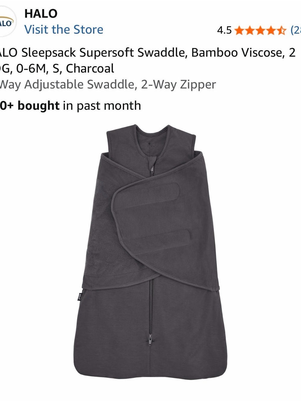 NWT HALO Charcoal Supersoft Bamboo Viscose Sleepsack Swaddle Size Small